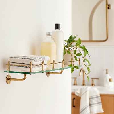  24" Decorative Glass Wall Shelf With Brass Rail - Hearth & Hand™ With Magnolia: No Assembly, Wall-Mounted