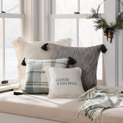  24"x24" Woven Slub Stripe Throw Pillow With Tassels Gray/White - Hearth & Hand™ With Magnolia
